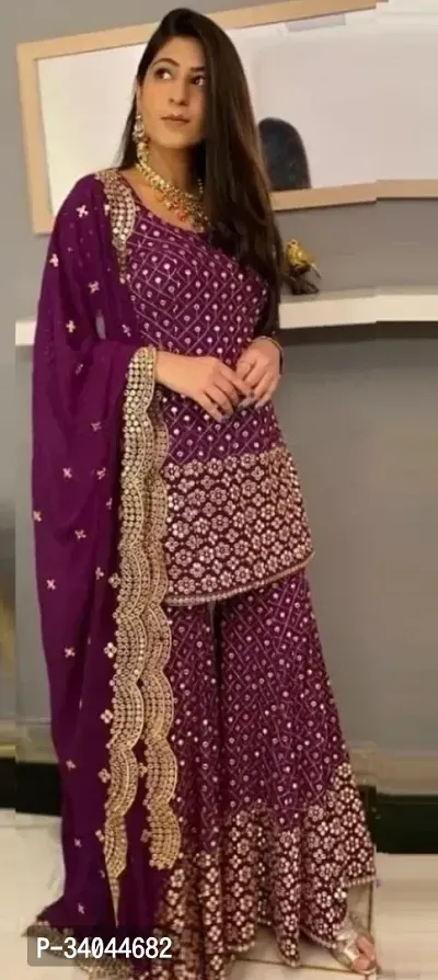 Designer Purple Georgette Unstitched Dress Material Top With Bottom Wear And Dupatta Set for Women-thumb2