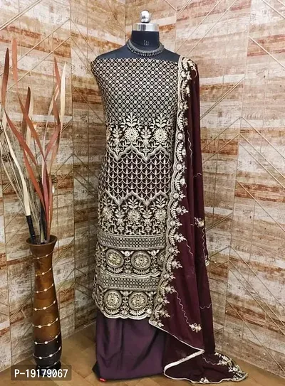 Stylish Brown Printed Georgette Dress Material with Dupatta For Women-thumb0