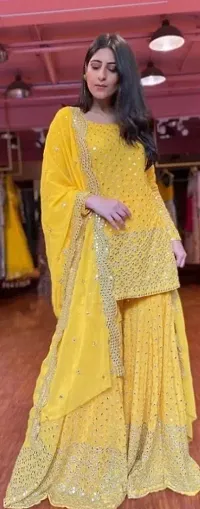 Elegant Golden Georgette Embellished Dress Material with Dupatta For Women-thumb1