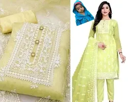 Elegant Yellow Organza Embroidered Dress Material with Dupatta For Women-thumb1