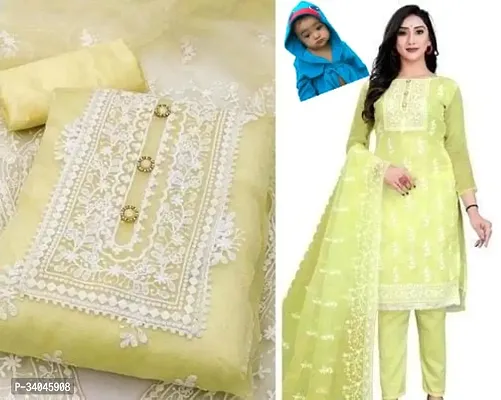 Elegant Yellow Organza Embroidered Dress Material with Dupatta For Women-thumb2