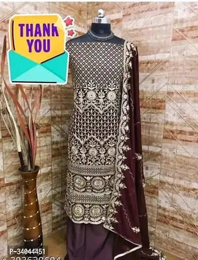 Designer Brown Georgette Unstitched Dress Material Top With Bottom Wear And Dupatta Set for Women-thumb2