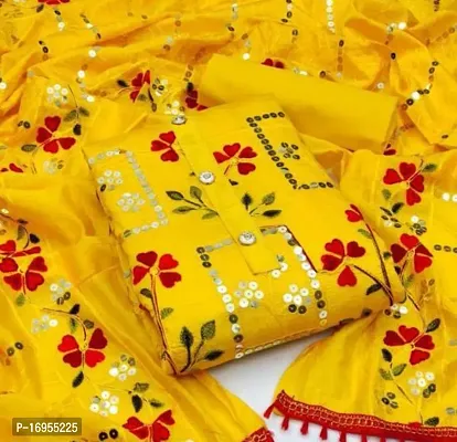 Stylish Yellow Embroidered Cotton Dress Material with Dupatta For Women-thumb0