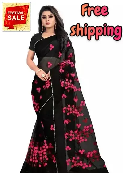 Net Embroidered Lace Border Sarees with Blouse piece