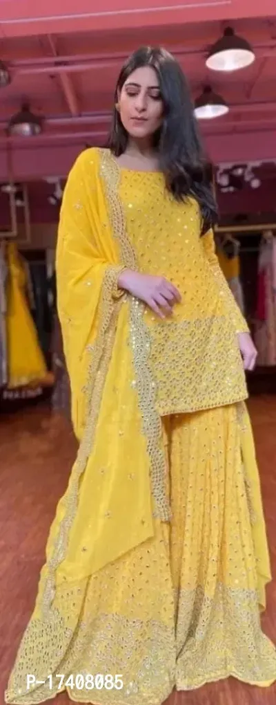 Elegant Golden Georgette Embellished Dress Material with Dupatta For Women-thumb3