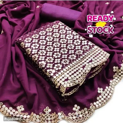 Designer Purple Georgette Unstitched Dress Material Top With Bottom Wear And Dupatta Set for Women