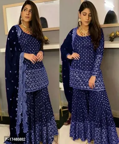 Stylish Blue Embellished Georgette Dress Material with Dupatta For Women-thumb0