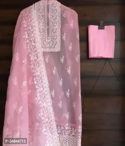 Designer Pink Organza Unstitched Dress Material Top With Bottom Wear And Dupatta Set for Women-thumb0