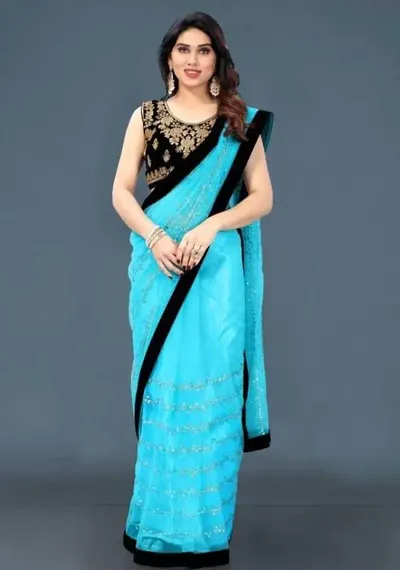 Net Sequin Embroidered Sarees with Embroidered Blouse piece