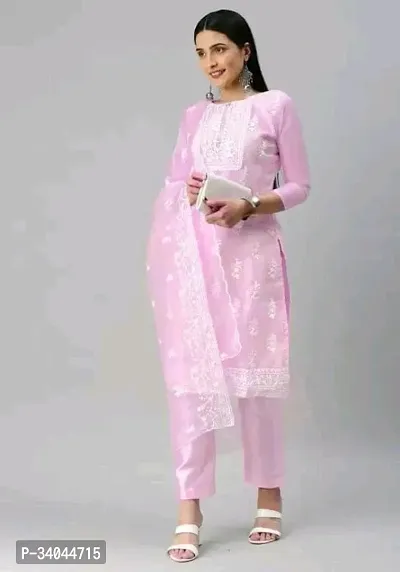 Designer Pink Organza Unstitched Dress Material Top With Bottom Wear And Dupatta Set for Women-thumb3