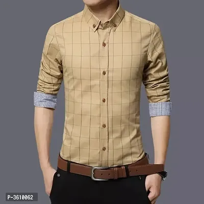 Mens Beige Cotton Long Sleeves Checked Slim Fit Casual Shirt-thumb0