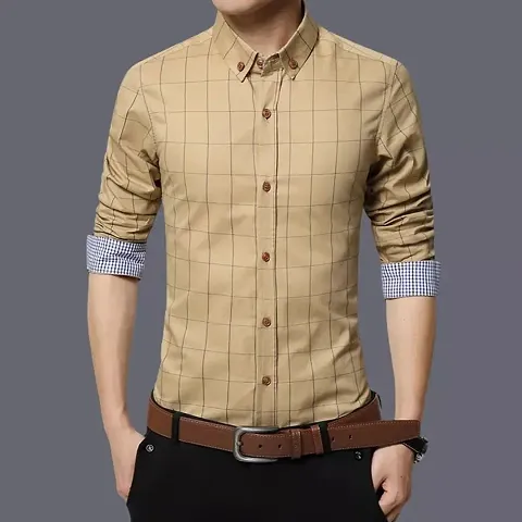 Mens Long Sleeves Checked Slim Fit Casual Shirt