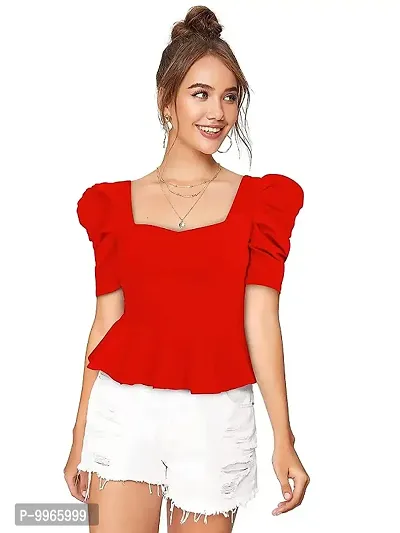 Gorgeous Womens Puff Sleeves Red Peplum Top-thumb0