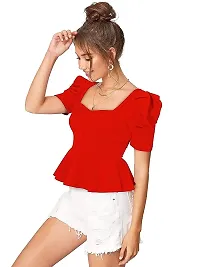 Gorgeous Womens Puff Sleeves Red Peplum Top-thumb1