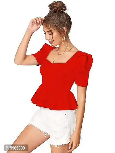 Gorgeous Womens Puff Sleeves Red Peplum Top-thumb2