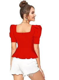 Gorgeous Womens Puff Sleeves Red Peplum Top-thumb2