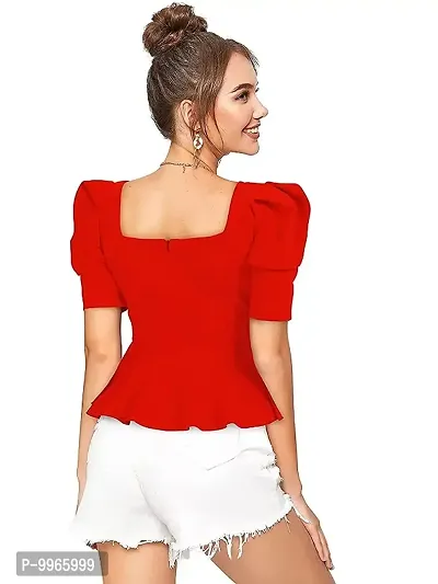 Gorgeous Womens Puff Sleeves Red Peplum Top-thumb3