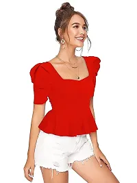 Gorgeous Womens Puff Sleeves Red Peplum Top-thumb4