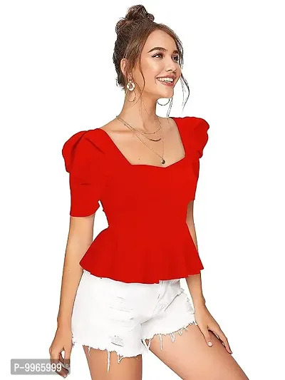 Gorgeous Womens Puff Sleeves Red Peplum Top-thumb5