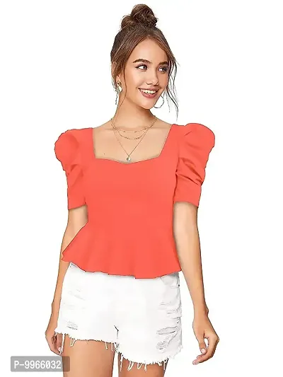 Gorgeous Womens Puff Sleeves Orange Peplum Top