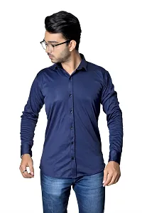 Reliable Navy Blue Cotton Blend Solid Long Sleeves Casual Shirts For Men-thumb1