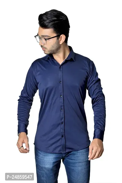 Reliable Navy Blue Cotton Blend Solid Long Sleeves Casual Shirts For Men-thumb2