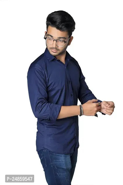 Reliable Navy Blue Cotton Blend Solid Long Sleeves Casual Shirts For Men-thumb3