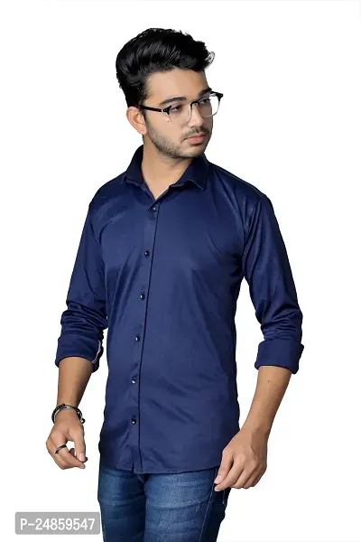 Reliable Navy Blue Cotton Blend Solid Long Sleeves Casual Shirts For Men-thumb4