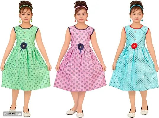 Elegant Rayon Printed A-Line Dress For Girls- Pack Of 3