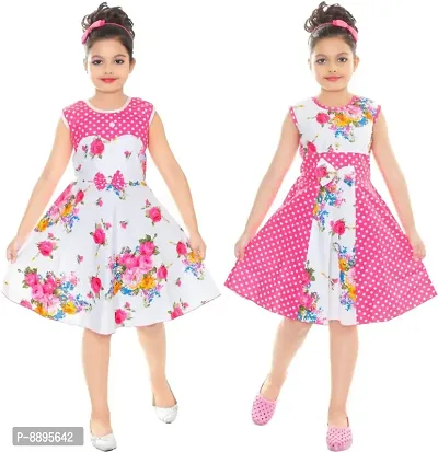 Classic Cotton Blend Printed Dress for Kids Girls, Pack of 2