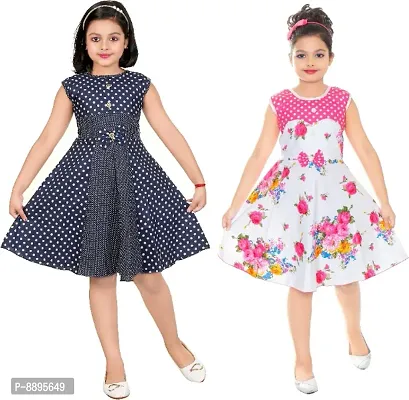 Classic Cotton Blend Printed Dress for Kids Girls, Pack of 2