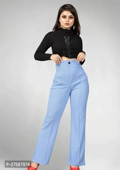 Elegant Blue Lycra Solid Trousers For Women