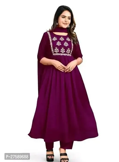 Beautiful Indo-western Purple Embroidered Georgette Gown with Dupatta