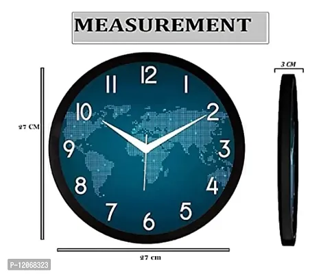 SRS Trends Stylish Blue Map Printed Plastic Wall Clock Round Shaped Designer Wall Clock with Glass, Size 25.4 X 25.4 CM for Home/Living Room/Bedroom/Kitchen/Office, Black Frame-thumb2