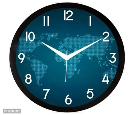 SRS Trends Stylish Blue Map Printed Plastic Wall Clock Round Shaped Designer Wall Clock with Glass, Size 25.4 X 25.4 CM for Home/Living Room/Bedroom/Kitchen/Office, Black Frame-thumb0