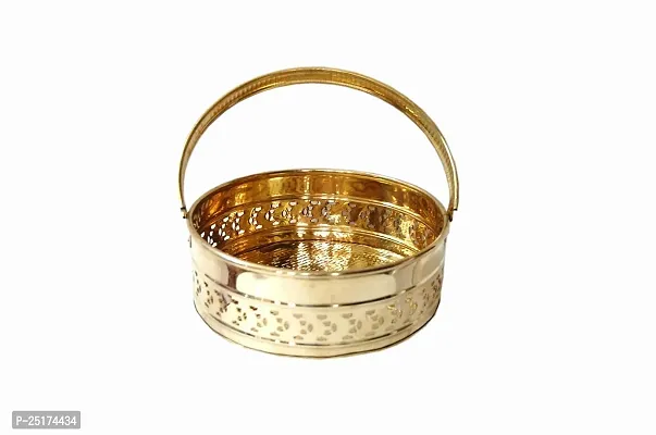 Classic Traditional Brass Round Shape Puja Basket Flower Basket ,Gold, Diameter 7.5 Inch,Brass-thumb0