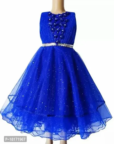Designer Royal Blue Round Neck Sleeveless Full Length Net Gowns For Girls