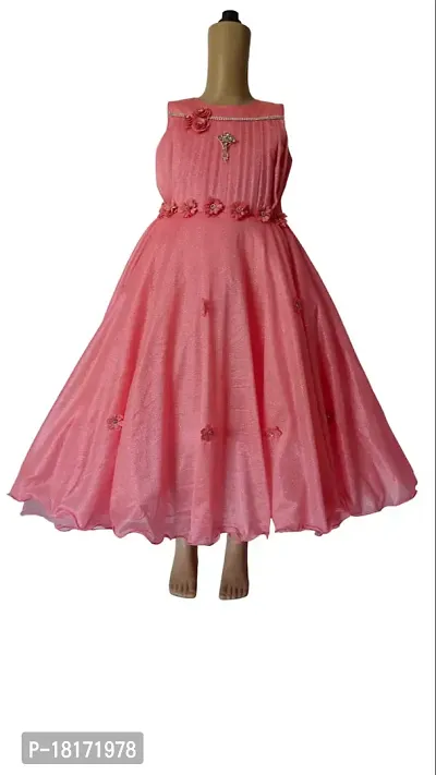 Designer Pink Round Neck Sleeveless Full Length Net Gowns For Girls
