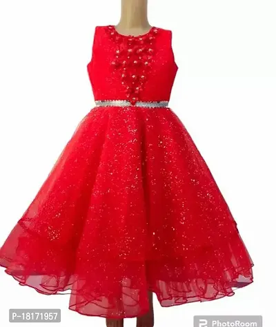 Designer Red Round Neck Sleeveless Full Length Net Gowns For Girls-thumb0