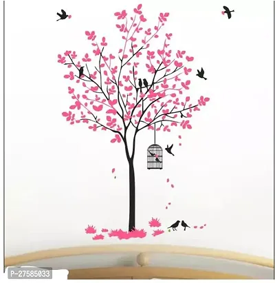 Divine Decor Tree with Birds and Nest Botanical Wall Stickers (Pink, 120X90cm), Self-Adhesive