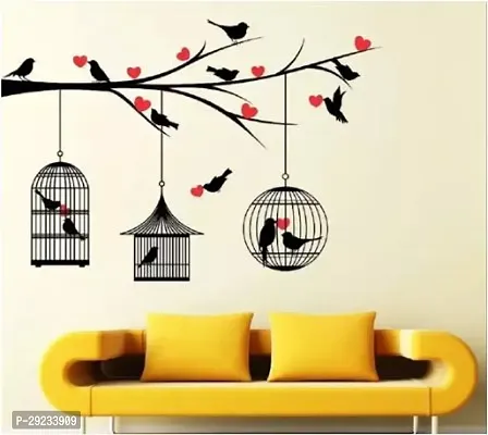 Decor-craft  Bird with Tree Cages Self Adhesive Wall Sticker for Hall, Living Room, Kids Room-thumb0