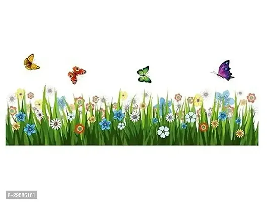 Green Grass Wall Corner Stickers Flowers Butterflies Baseboard Skirting Line Self Adhesive Sticker (Pack of 1)