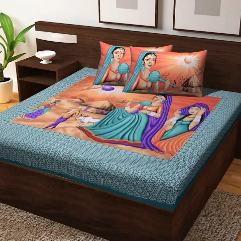eTape Cotton Jaipuri Design Printed Double Bedsheet with Two Pillow Cover(90X100 Inches) ET-EXL-227