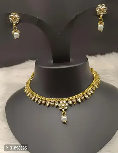 Stylish Golden Alloy Choker With Earring Set For Women-thumb0