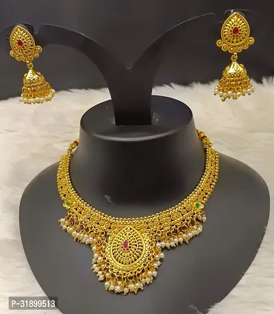 Stylish Golden Alloy Choker With Earring Set For Women-thumb0