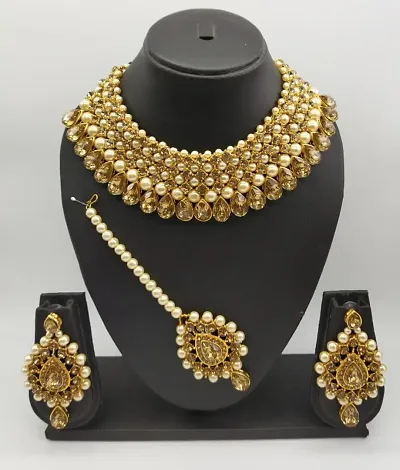 Beautiful Alloy Pearl Necklace And Earrings And Maang Tikka Set