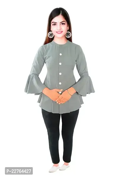 Ronaldo Fashion Green Solid Crepe Round Neck Bell Sleeve Cotton Shirt for Women's and Girls-thumb0