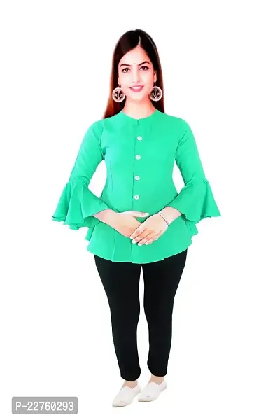 Ronaldo Fashion Green Solid Crepe Round Neck Bell Sleeve Cotton Shirt for Women's and Girls (Size 44)-thumb0