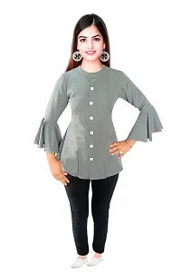 Ronaldo Fashion Green Solid Crepe Round Neck Bell Sleeve Cotton Shirt for Women's and Girls-thumb1