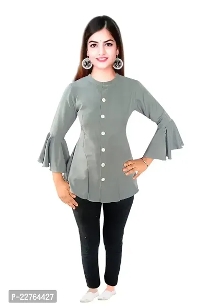 Ronaldo Fashion Green Solid Crepe Round Neck Bell Sleeve Cotton Shirt for Women's and Girls-thumb2